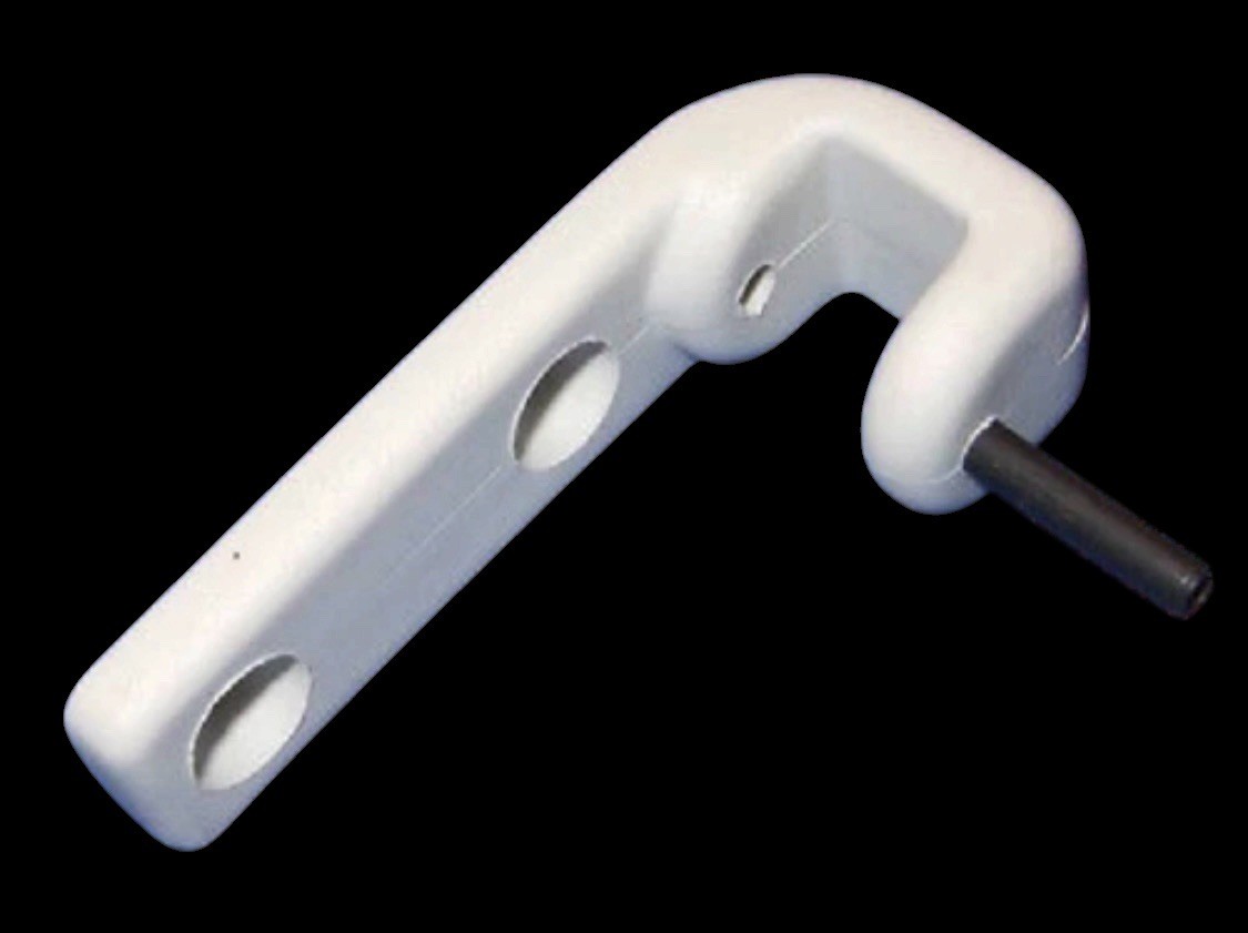 Caravan Window Stay Hinge - Top bracket - in white with replacement pin.