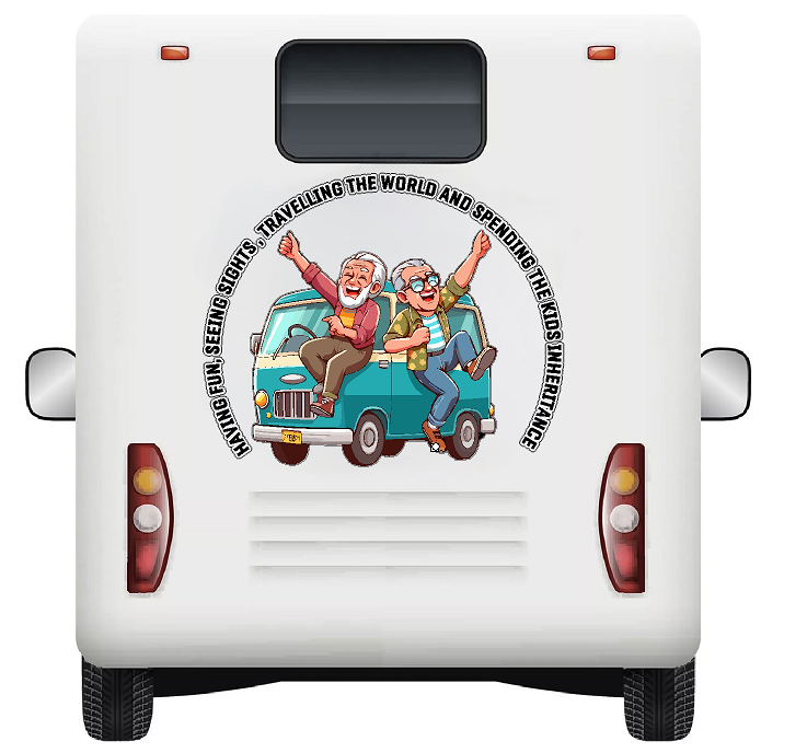 Spending The Kids Inheritance, 2 Men Dancing Motorhome Camper Decal Vinyl